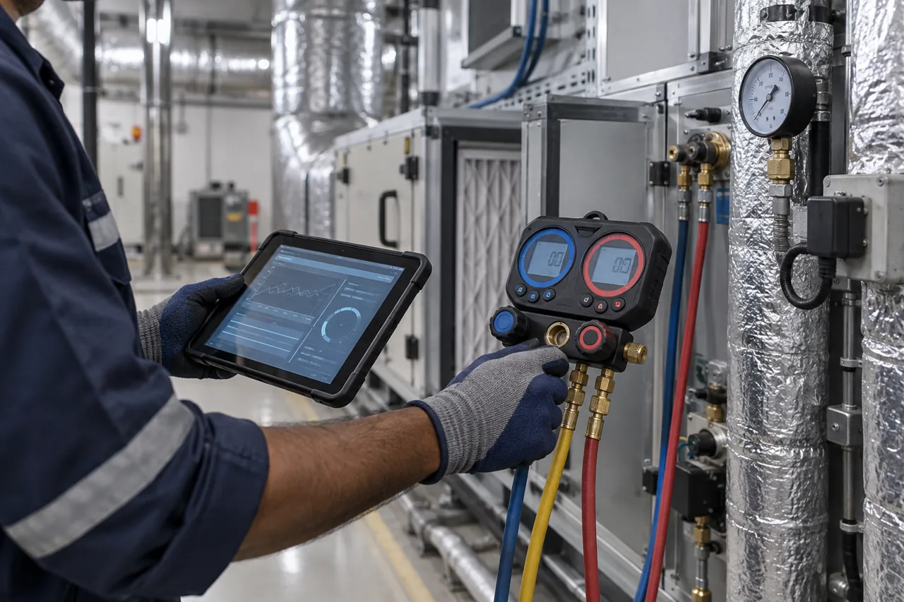 Illustration of commissioning instruments beside commercial HVAC equipment