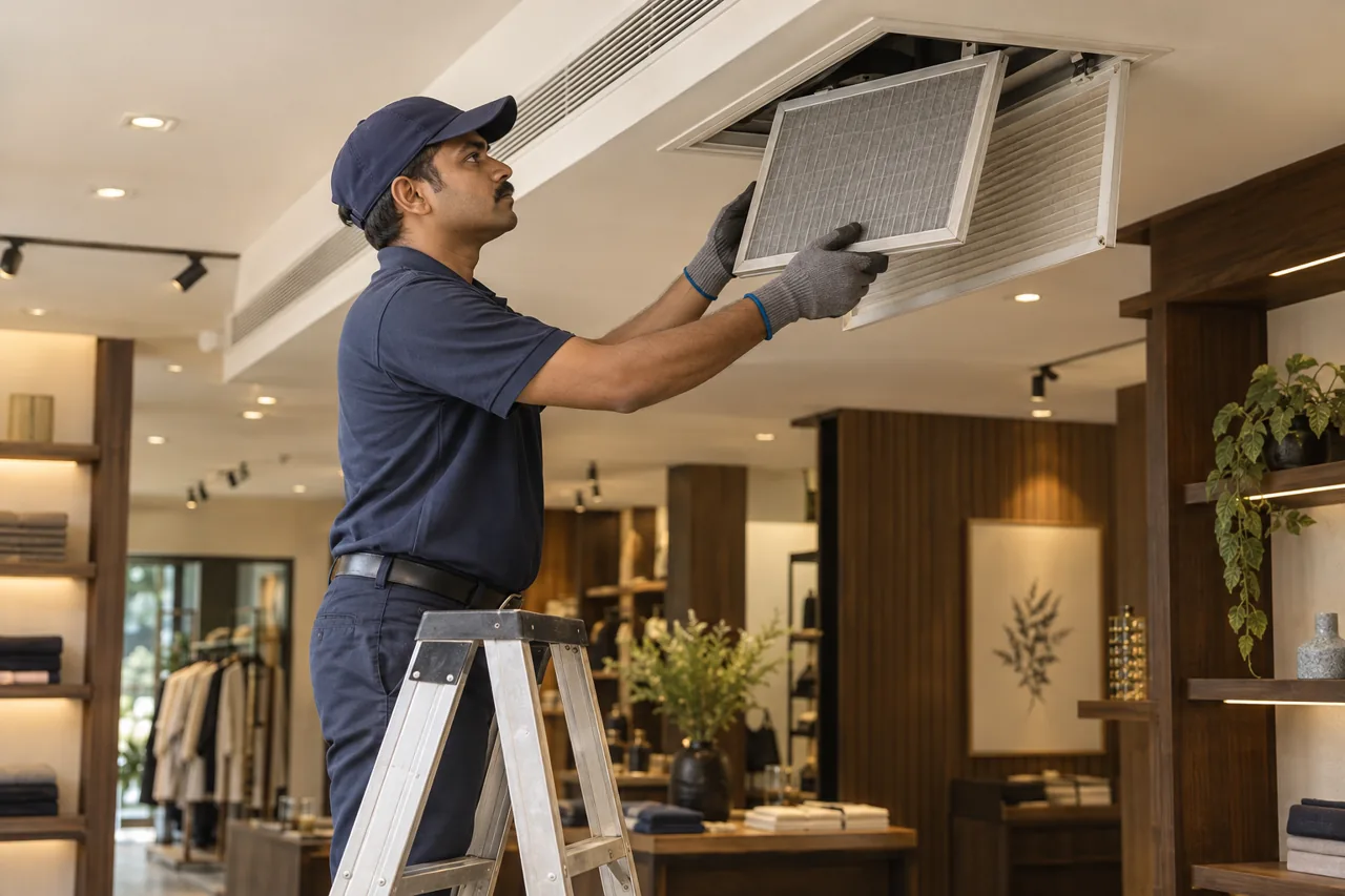 Illustration of a technician removing a return-air filter for maintenance