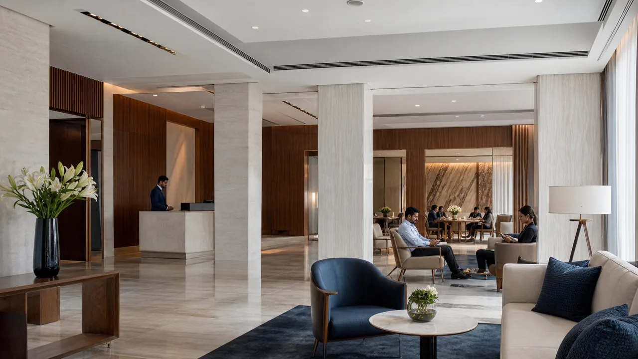 Illustration of a spacious lobby with integrated ceiling air outlets