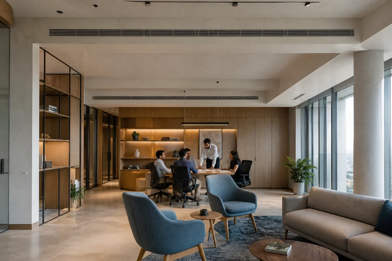 Illustration of a contemporary commercial interior with integrated ceiling air outlets
