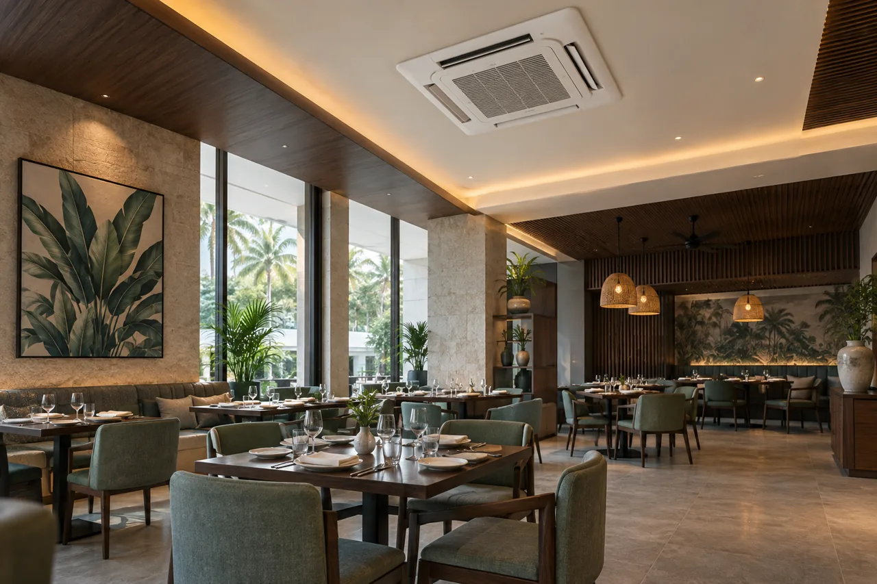 Illustration of a ceiling cassette air conditioner in a refined restaurant
