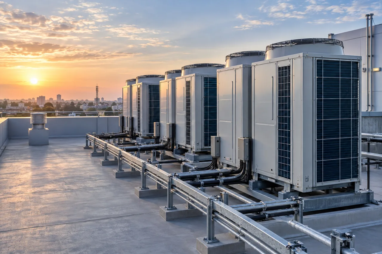 Illustration of an industrial rooftop HVAC installation
