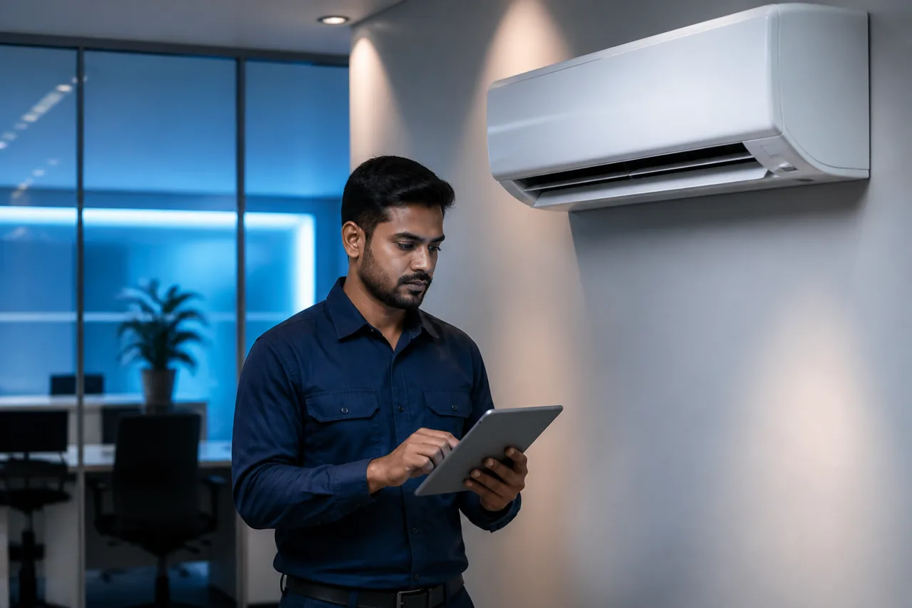 Illustration of a technician reviewing an air-conditioning system